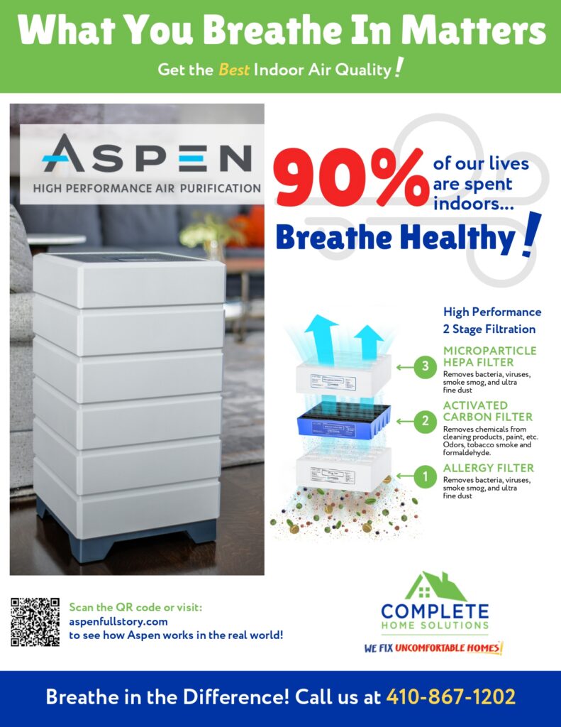 Aspen air purifier promotion highlighting improved indoor air quality and multi stage filtration system